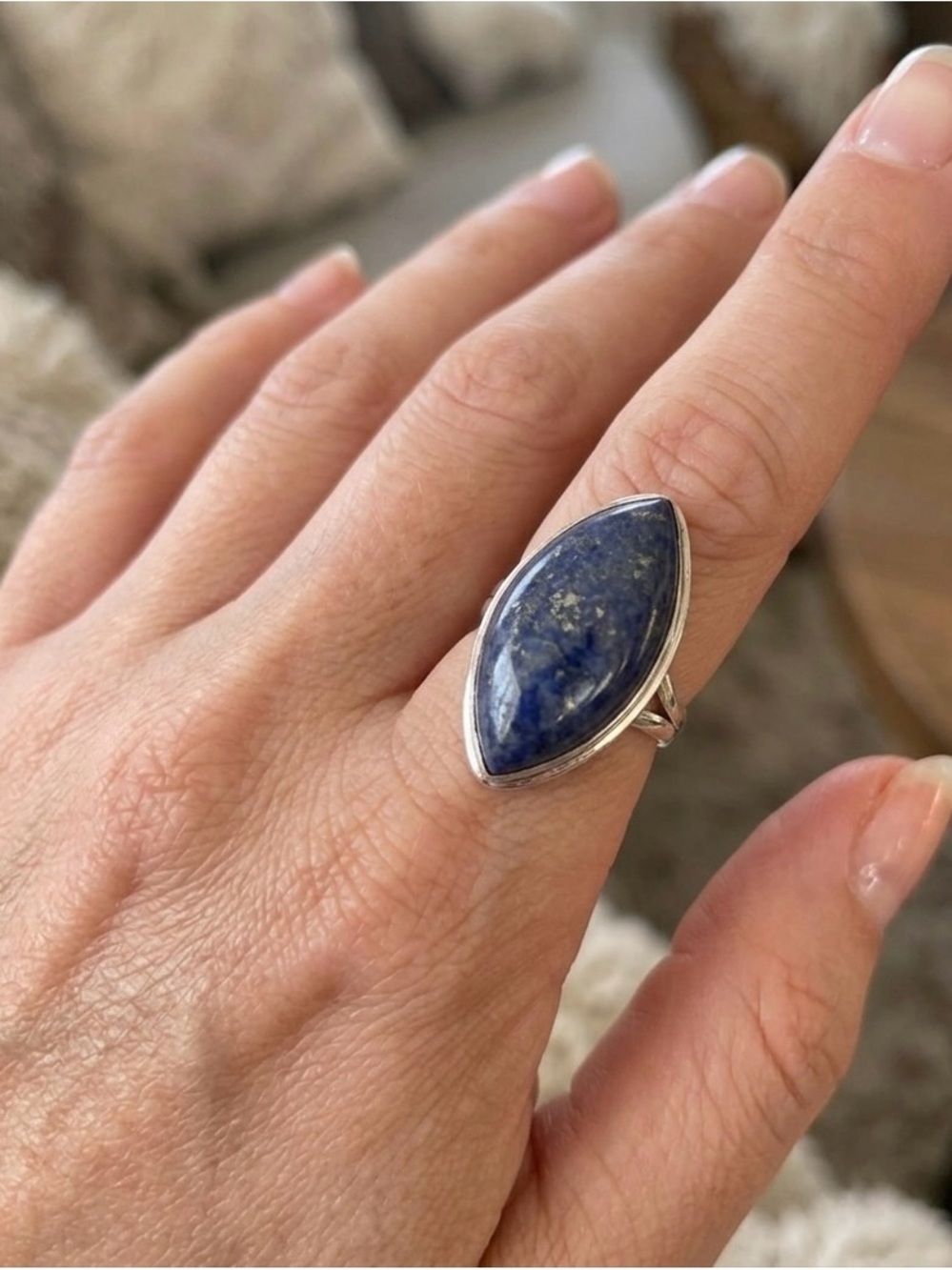Sodalite Marquise Statement Ring Silver Tone Boho Size 8